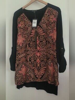 Adrianna Papell 1/4 Zip Blouse Womens Long Sleeve Top Size XL Floral